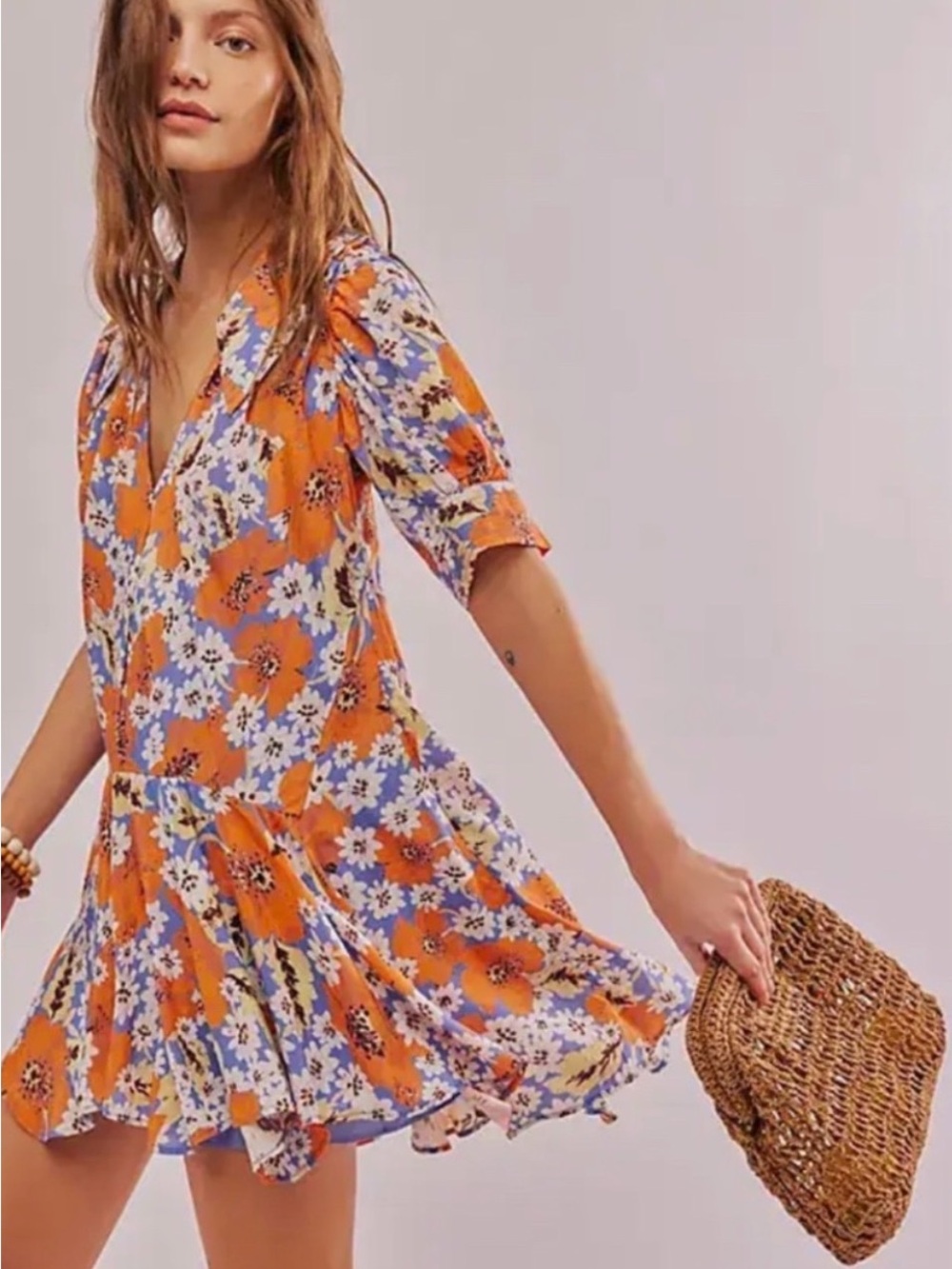 Free People Orange Floral Mini swing dress NWT